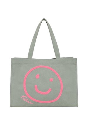 Graue Stofftasche mit zwei Griffen und einem großen pinkfarbenen Smiley-Design auf der Vorderseite.