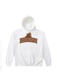 Biała bawełniana bluza z kapturem z brązowym nadrukiem misia i napisem "BROWN" na przodzie. Posiada kieszeń typu kangurka i sznurki do regulacji.