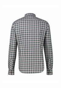 Langærmet ternet skjorte i grøn, pink og hvid. Har en spids krave, knapmanchetter og detalje på bagstykket. Stoffet er en blanding af bomuld.