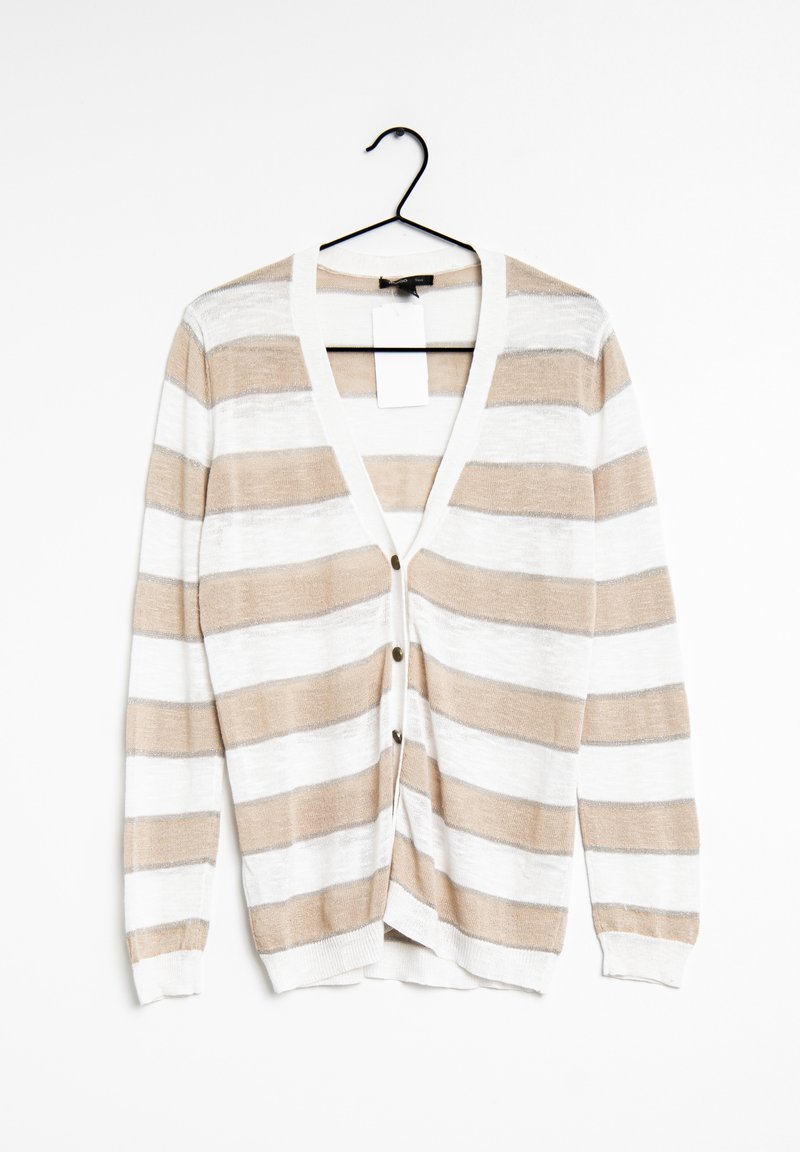 Cardigan à rayures beige et blanc, avec col en V, boutonnage à l'avant, manches longues et texture tricot légère.
