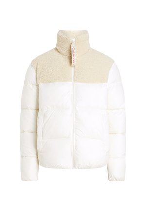 White puffer jacket with a cream fleece upper panel and high collar. Features a front zipper and tag with "Calvin Klein" logo.