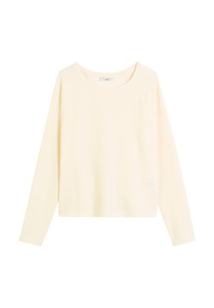 T-shirt à manches longues et col rond en tissu crème clair doux. Présente une coupe décontract�ée et des manches raglan avec une texture lisse.