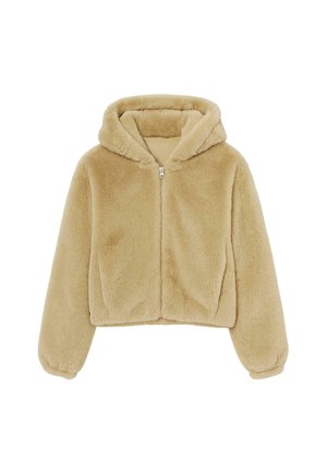 Beige faux furist jakk, mis on varustatud kapuutsiga, pikkade varrukatega ja elastsete mansettidega, on loodud sooja ja mugavuse tagamiseks.