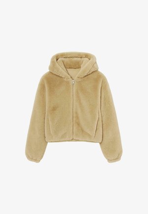 Beige kunstpels zip-ujakke med hætte, lange ærmer og elastiske manchetter, designet til varme og komfort.