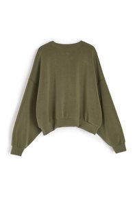 Oliwkowy, krótki sweatshirt z długimi, szerokimi rękawami i ściągaczem. Wykonany z miękkiego materiału, z delikatnym logo z tyłu.