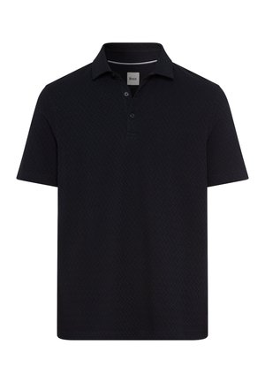 Black polo shirt made of textured fabric, featuring a collar, three buttons, and short sleeves. Simple, classic design with no patterns.