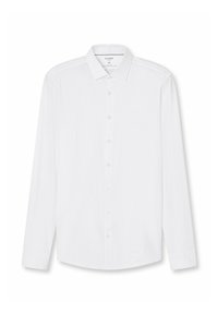 Langarm weißes Hemd aus glattem Stoff, mit spitzem Kragen, durchgehender Knopfleiste und abgerundetem Saum. Einfaches Design ohne Muster.