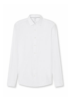Langarm weißes Hemd aus glattem Stoff, mit spitzem Kragen, durchgehender Knopfleiste und abgerundetem Saum. Einfaches Design ohne Muster.