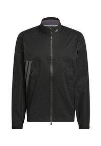 Svart lättviktsjacka med hög krage, hel dragkedja framtill och subtila grå ränder på sidorna. Slätt tyg med elastiska ärmslut.