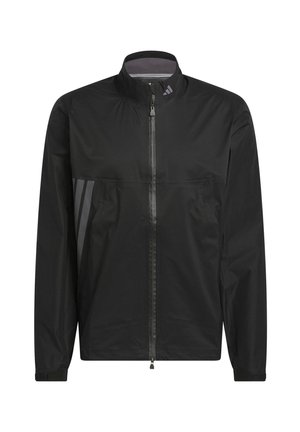 Černá lehká bunda s vysokým límcem, úplným předním zipem a jemnými šedými pruhy po stranách. Hladká látka s elastickými manžetami.