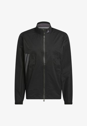 Zwarte lichtgewicht jas met hoge kraag, volledige ritssluiting aan de voorkant en subtiele grijze strepen aan de zijkanten. Gladde stof met elastische manchetten.