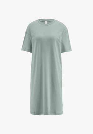 Hellgrünes T-Shirt-Kleid mit kurzen Ärmeln und knielangem Schnitt, Rundhalsausschnitt, auf weißem Hintergrund präsentiert.