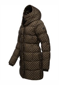 Brūna rakstota puffa jaka ar kapuci, ar quilted dizainu, ar rāvējslēdzēja aizdari un ribotām aprocēm papildu izolācijai.