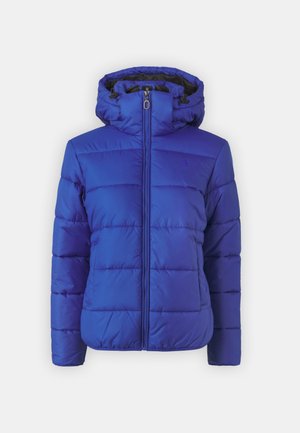 Blauwe pufferjack met een ritsluiting, een capuchon en een gestikte uitstraling. Heeft elastische manchetten en een gladde textuur. Lichtgewicht en geïsoleerd.