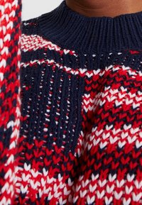 Close-up van een persoon die een gebreide sweater in rood, wit en marineblauw draagt, met een geribbelde kraag en een patroon in de steek.