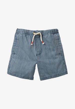 Blau-weiße vertikal gestreifte Shorts mit elastischem Bund und weißem Kordelzug mit roten Enden.
