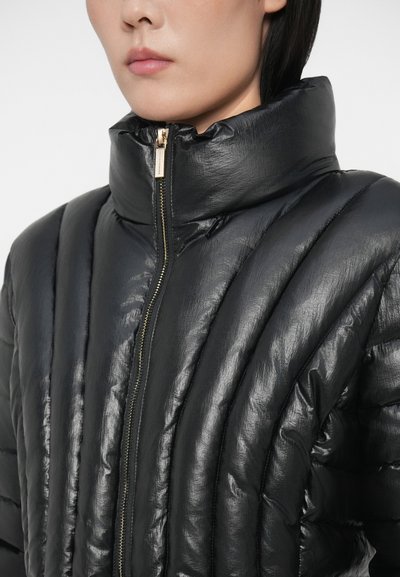 Doudoune noire avec un col montant, présentant une texture brillante, un design à coutures verticales et un détail de fermeture éclair doré.
