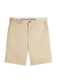 Μπεζ σορτς από λείο ύφασμα, με κλείσιμο με κουμπί, λοξές μπροστινές τσέπες και ίσιο κόψιμο, με τελειωμένες ραφές στο τελείωμα.