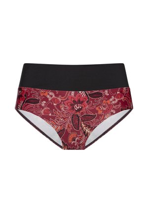 Mutandine a vita alta in motivo floreale nero e bordeaux. Presentano una texture di tessuto liscia e una vestibilità a vita media con una cintura a contrasto.