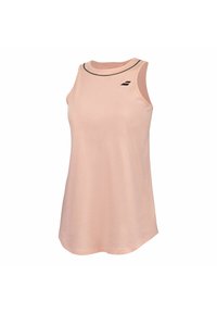 Helles rosa ärmelloses Sportoberteil mit rundem Ausschnitt und schwarzen Nähten. Weicher, glatter Stoff mit lockerer Passform.