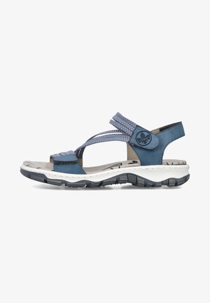 Blue sandals with a textured strap design, adjustable closure, cushioned footbed, and a durable rubber outsole. Light and breathable materials.