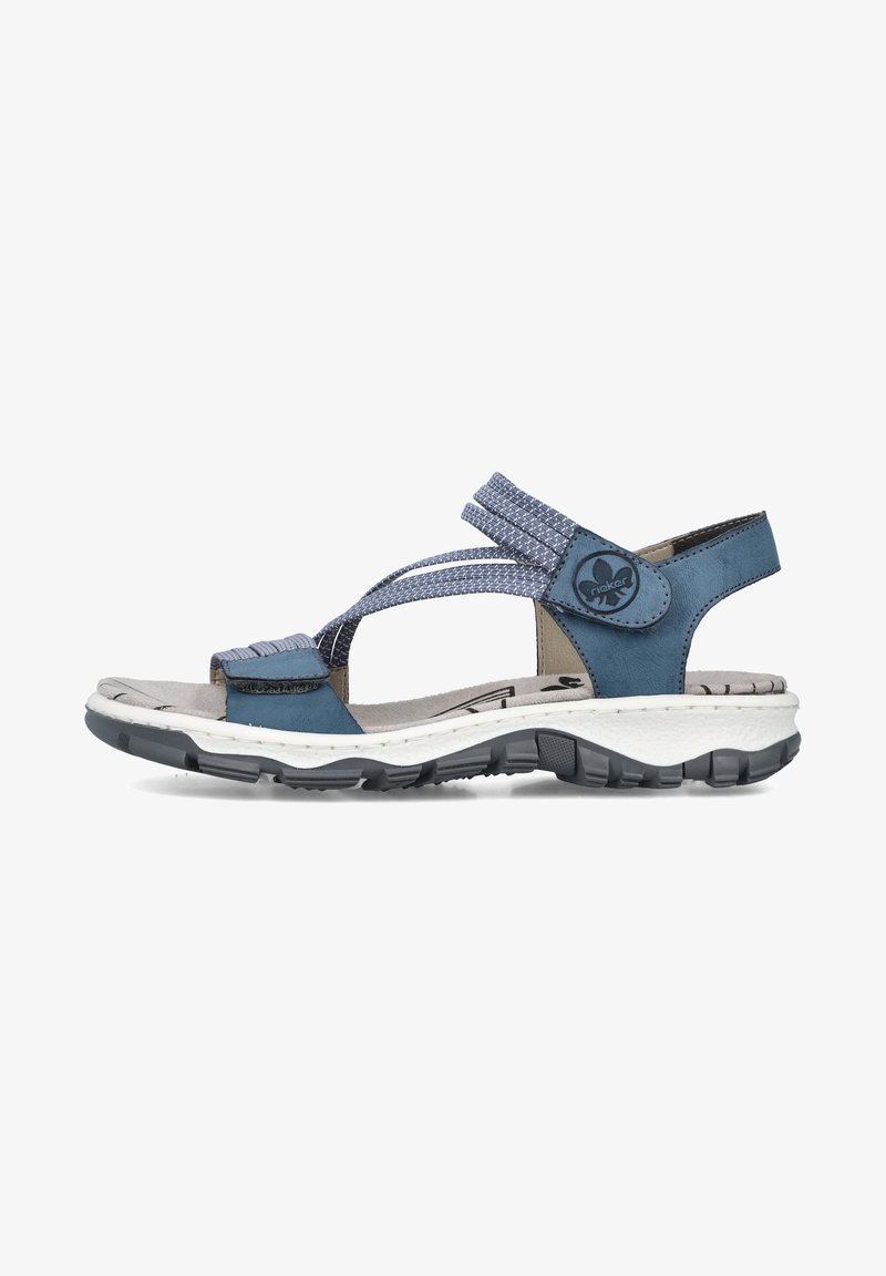 Blaue Sandalen mit einem strukturierten Riemendesign, verstellbarem Verschluss, gepolstertem Fußbett und einer strapazierfähigen Gummisohle. Leichte und atmungsaktive Materialien.