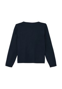 Dunkelblauer Langarmpullover aus weichem Strickstoff, mit einem einfachen Rundhalsausschnitt und ohne sichtbare Muster oder Verzierungen.
