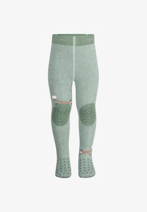 Grüne gestrickte Kindertights mit einem Fuchsdesign auf der Vorderseite, gepunkteten rutschfesten Sohlen und gepolsterten Kniebereichen in einem dunkleren Grünton.