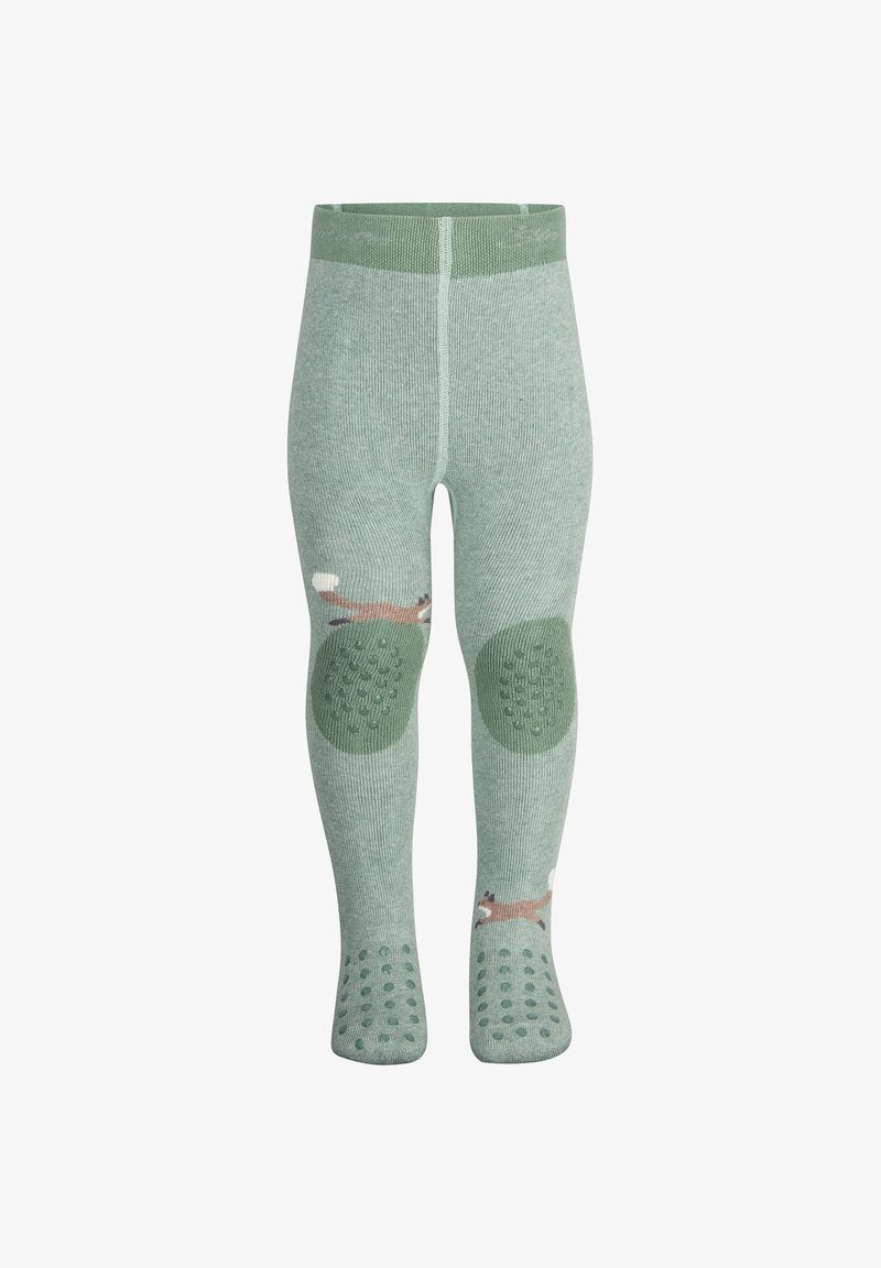 Green knitted children's tights with a fox design on the front, dotted grip soles, and padded knee areas in a darker green.