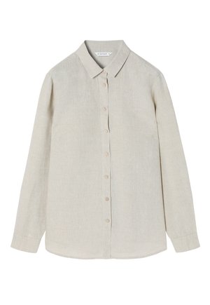 Beige overhemd met lange mouwen en knoopsluiting, voorzien van een klassieke kraag, subtiele textuur, afgeronde zoom en lichte knopen.