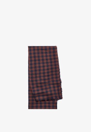 Brązowo-granatowy szal w kratę z postrzępionymi krawędziami, wykonany z lekkiej tkaniny, prostokątnego kształtu i miękkiej tekstury.