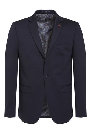 Enkeltknappet mørkeblå blazer med mønstret inderfor, hakket revers og tre ydre lommer, inklusive en brystlomme.