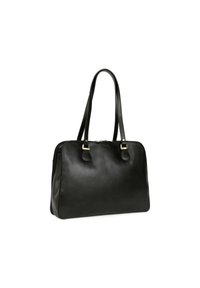 Borsa tote in pelle nera con doppi manici, chiusura con zip e due dettagli frontali. Texture liscia, forma rettangolare e design minimalista.