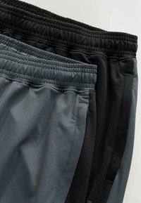 Dos pares de pantalones cortos deportivos, uno negro y otro gris oscuro. Ambos tienen cinturillas elásticas y bolsillos laterales, hechos de una tela suave y ligera.