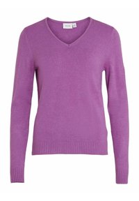 Pull violet à col en V en maille douce. Présente des manches longues, un ourlet et des poignets côtelés, ainsi qu'une texture lisse sur toute la surface.