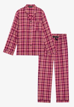 Karierter Pyjama-Set in Pink-, Rot- und Gelbtönen. Langärmliges, knöpfbares Oberteil mit Tasche; passende Jogginghose mit Kordelzug und elastischem Bund. Weicher Stoff.