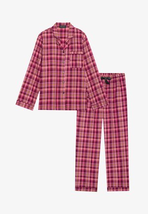 Conjunto de pijama xadrez em tons de rosa, vermelho e amarelo. Camisa de manga longa com botões e bolso; calças com cordão ajustável e cintura elástica. Tecido macio.