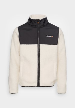 Fleece jack met een crèmekleurig lichaam en een zwarte nylon bovenkant. Hoge kraag, ritssluiting aan de voorkant, twee zakken en een klein logo op de borst. Getextureerde stof.