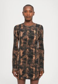 Long-sleeve dress in a snake print pattern with shades of black and bronze, featuring a round neckline and fitted silhouette.