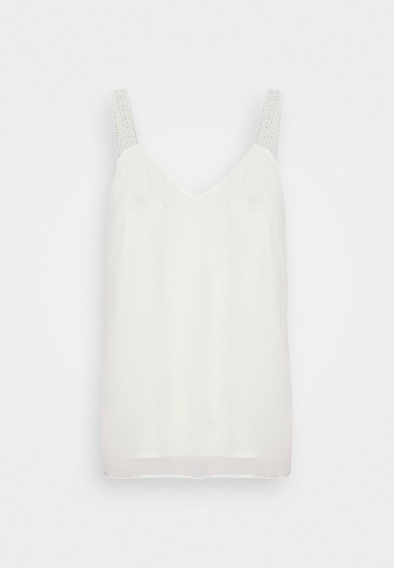 Camisole blanche sans manches pour femmes avec bretelles en dentelle et encolure en V sur un fond clair uni.