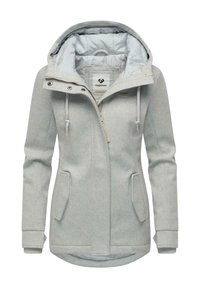 Veste à capuche gris clair avec fermeture éclair sur le devant, capuche à cordon de serrage, poches à rabat et poignets côtelés, conçue pour les temps froids.