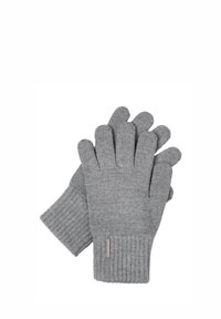 Gray knitted gloves with ribbed cuffs, featuring individual finger compartments and a subtle texture. No visible hardware or accents.