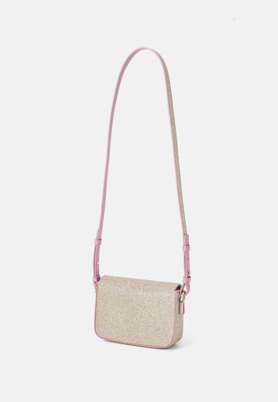Crossbody bag with a glittery gold body, pink leather strap, and gold hardware. Rectangular shape with a flap closure.