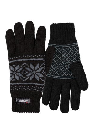Schwarze gestrickte Handschuhe mit einem hellblauen geometrischen Muster und Schneeflockenmotiv auf der Rückseite, mit gerippten Bündchen für Wärme.