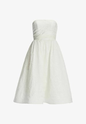 Robe blanche bustier avec motif en dentelle florale, corsage ajusté, taille froncée et jupe évasée jusqu'aux genoux.