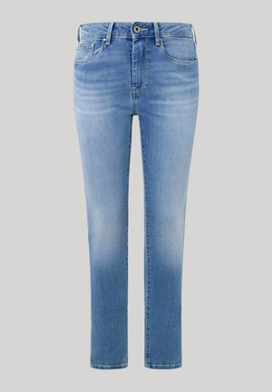 Jeans en denim bleu clair avec une coupe ajustée, un léger délavage, un design à cinq poches, et une fermeture éclair avec un bouton.