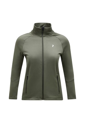 Olijfgroene jas met hoge kraag, lange mouwen en ritssluiting aan de voorkant. Voorzien van zijzakken en een klein logo op de borst. Zacht, glad materiaal.