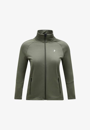 Olivgrüne Jacke mit hohem Kragen, langen Ärmeln und Reißverschluss vorne. Mit Seitentaschen und einem kleinen Logo auf der Brust. Weicher, glatter Stoff.