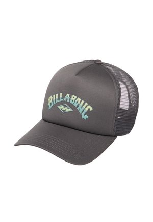 Cappellino trucker grigio scuro con retro in rete e visiera curva, con logo Billabong blu e giallo sulla parte frontale.