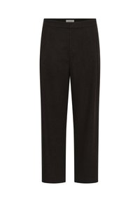 Pantalon noir à jambes droites avec une taille cintrée et sans poches visibles ni motifs sur fond blanc.